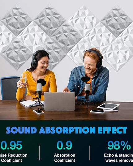 Acoustic 3D Wall Panels, 12 Pack Square Sound Proof Panels for Interior Wall Décor, Hollow Sound Absorbing Panel for Studio, Living Room, Home, Hotel, 12''x12'' Cover 12 sq ft, Thin style, White