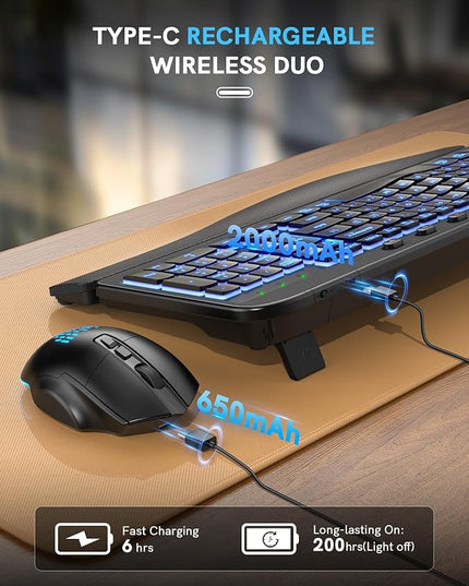 SABLUTE Ergonomic Wireless Keyboard and Mouse Combo - Wave Keyboard with Soft Leather Wrist Rest, Resistant Keys, RGB Backlit Rechargeable Set for PC/Mac/Chromebook (Black)