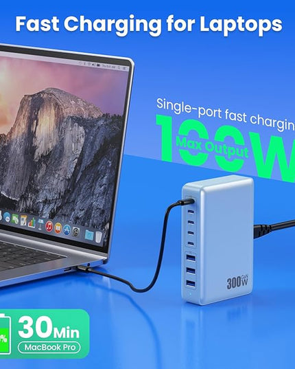 USB C Charger 300W USB C Charger Block 8-Ports GaN IV Fast Charging Station,PD 100W Laptop Charging Hub Wall Adapter Compatible with MacBook/Air,DELL,Steam Desk,iPhone 16/15/14,Galaxy S24 etc