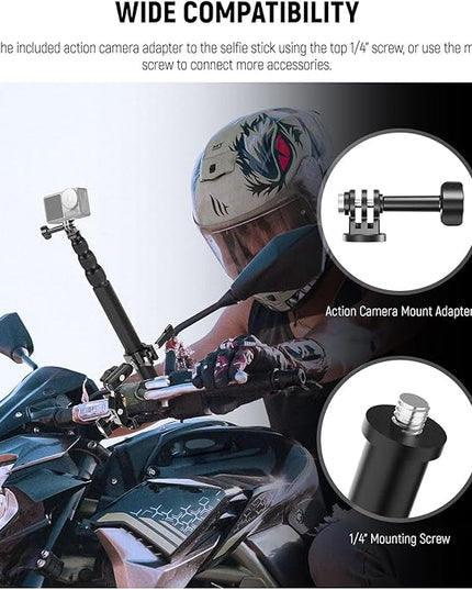 NEEWER Motorcycle Camera Mount Kit, Bicycle Handlebar Invisible Selfie Stick, 360° Ball Heads, Super Clamps & Cleaning Cloth, Compatible with GoPro Insta360 DJI AKASO Action Cam Video Recording, GP-30
