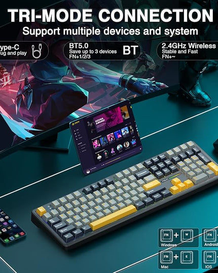 AULA F108 Wireless Mechanical Keyboard, BT5.0/USB-C/2.4GHz Hot Swappable Custom Gaming Keyboards, PBT Keycaps, Pre-lubed Switches, RGB Backlit Full Size Creamy Keyboard with Number Pad, 108 Keys