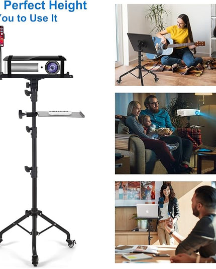 Laptop Tripod on Wheels with 2 Shelves, Portable Projector Floor Stand Adjustable Height 25.9 to 51.8 Inch with Phone Holder