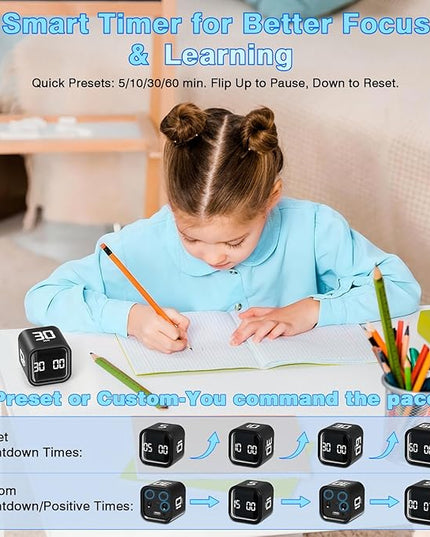 Cube Pomodoro Timer, Desk Productivity Timer 5/10/30/60 Minutes & Custom Countdown, Adjustable & Silent Visual Timer, ADHD Tool Flip Rotating Portable Multi Timers for Study Task Work Kitchen School