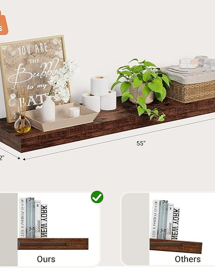 Heimlove 12 Inch Deep Floating Shelves, 55 x 12 inches Long Wall Shelf, Large Extra Display Shelf & Storage Shelf, Rustic Wood Wall Shelves for Fireplace Mantel, Set of 1(Rustic Brown)