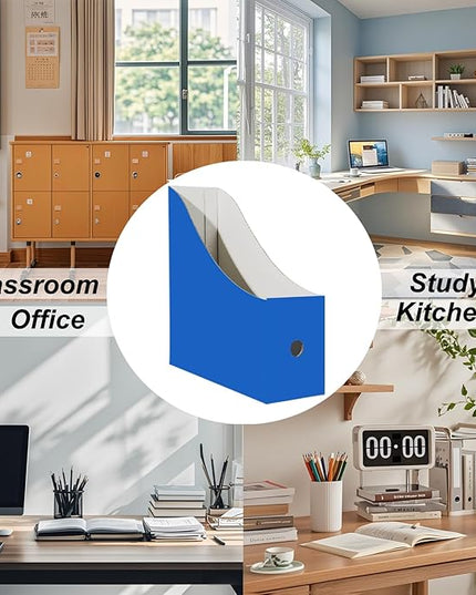 Limitliho 2 Pack Cardboard Magazine File Holder for Desktop ，Blue Book Bins for Classroom Library, Office or Home, Vertical Paper Boxes for Storage with Label(10.6" H x 10.2" L x 3.5" W in)