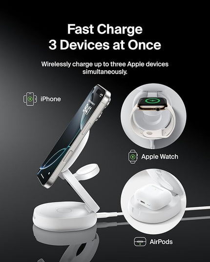 Belkin MagSafe Charger Compatible, 3-in-1 Qi2 15W Wireless Charging Station, Convertible Wireless Charger for iPhone 17, Apple Watch, AirPods, Pixel 10, Phone Stand for Travel w/ 36W Adapter - White