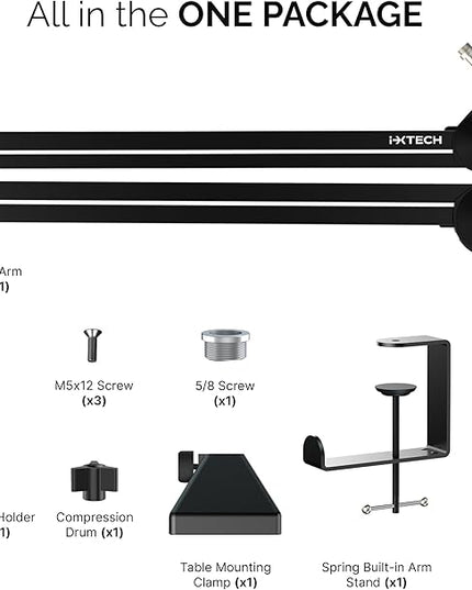 IXTECH Microphone Boom Arm Stand, Heavy Duty Adjustable Mic Stand with Cable Ties, Desk Mount Arm Stand for Gaming Streaming Podcasting.