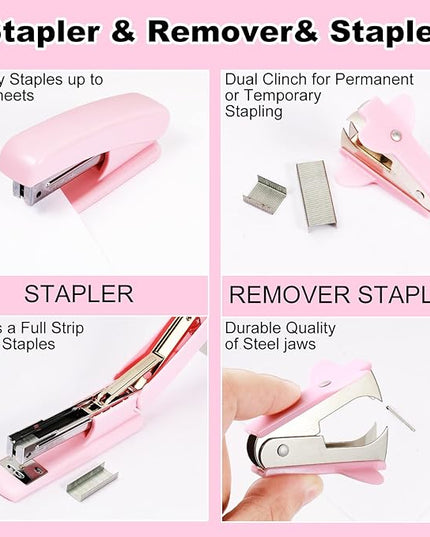 Desk Organizers and Accessories Set with 360-Degree Rotating Pen Holder, Tape Dispenser, Stapler, Staple Remover, 1000 Staples, Tape, Clips Set, Ruler, Scissor, Pen