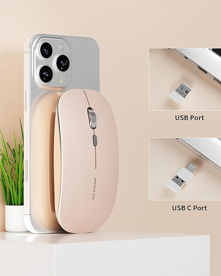 Uciefy Q5 Slim Rechargeable Wireless Mouse, 2.4G Portable Optical Silent Ultra Thin Wireless Computer Mouse with USB Receiver and Type C Adapter, Compatible with PC, Laptop, Desktop - Light Pink