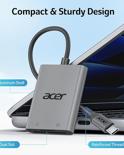 Acer SD Card Reader USB C, Dual Slots Type C to Memory Card Reader, Aluminum Micro SD Card Camera Adapter for MicroSD, SDHC, SDXC, Compatible with iPhone16/15, MacBook, iPad Pro, Android, Laptop