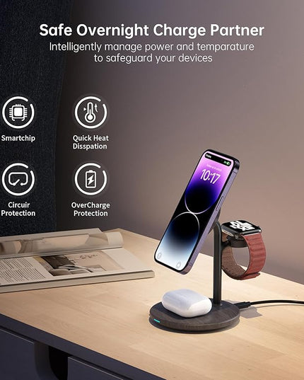 XooFly 3 in 1 Wireless Charging Station for Apple Devices, Fast Wireless Mag-Safe Charger Stand with 20W Adapter for iPhone 17/16 15 14 13 12 Pro Max/Pro/Plus/Air/Mini,iWatch,AirPods(Black Wood Grain)