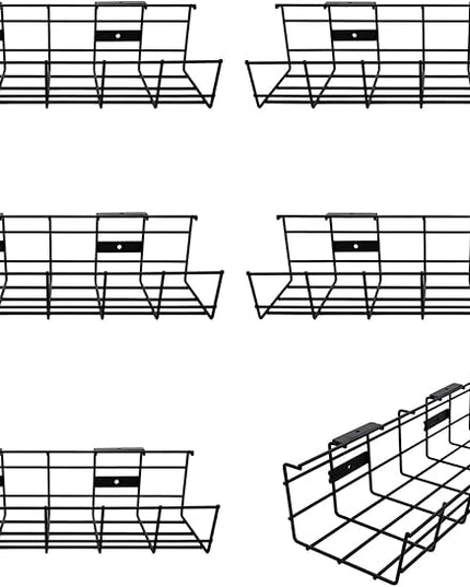 Under Desk Cable Management- 6 Pack Cord Organizer. Metal Wire Cable Management Tray for Office, Studio and Home. Super Sturdy Under Table Cable Managements - Black Cable Organizer