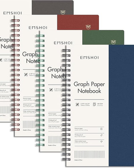 EMSHOI Graph Paper Spiral Notebook 5.7" x 8.22" - 4 Pack 640 Pages 100gsm Thick Grid Paper, A5 Graph Paper Notebook, Plastic Hardcover Journals for Writing Engineering Graphing Work School Supplies