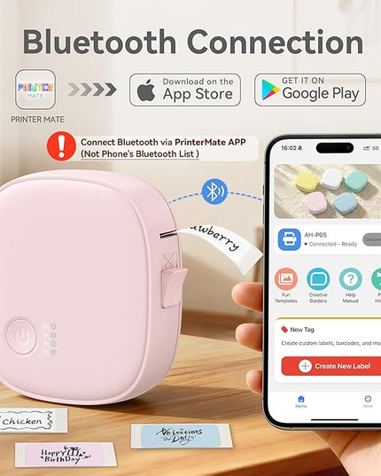 Mini Label Maker Machine with Tape AH-P05 - Portable Bluetooth Mini Label Printer, Wireless Thermal Label Maker, Waterproof & Rechargeable, Built-in Cutter, for Home, Office, Kitchen - Pink