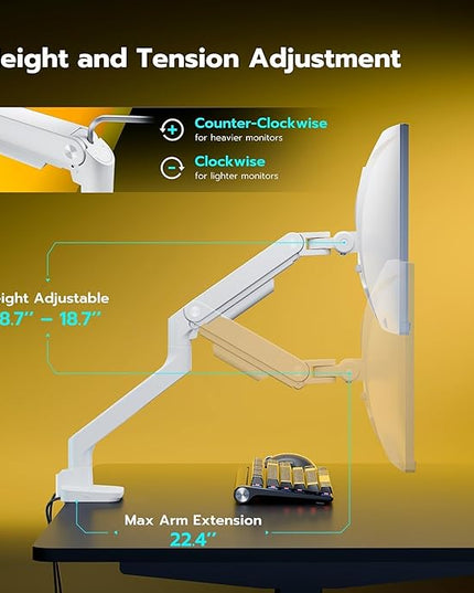 ARES WING Ultrawide Monitor Arms White with USB A/C, Heavy Duty Monitor Arm for 17 to 49 inch Screen, Holds 44 lbs, Adjustable Gas Spring Desk Mount with Clamp and Grommet Base