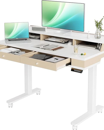 Claiks Standing Desk with Drawers, Electric Adjustable Standing Desk Adjustable Height, Sit Stand Up Desks with Storage Shelves & Wheels, 48 Inch White
