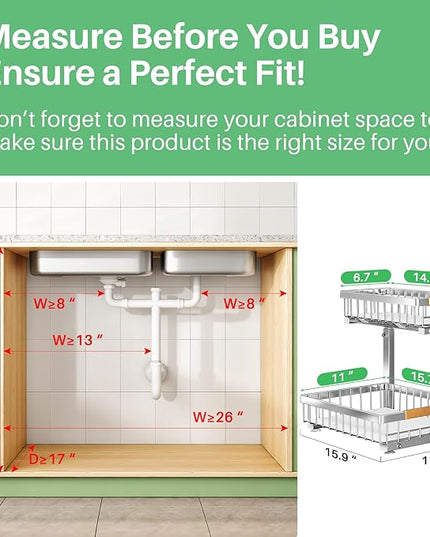 Under Sink Organizer, Stainless Steel 2 Packs 2 Tier Under Sink Organizers and Storage, Slide out Pull out Cabinet Shelf, Sliding Drawer for Kitchen Bathroom Pantry Cabinet Closet Organization Rack