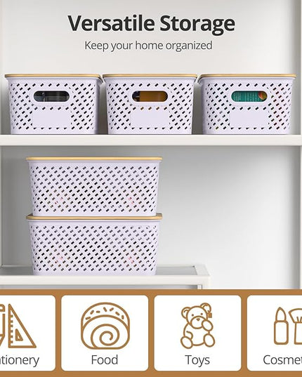 Plastic Storage Bins with Bamboo Lids, Stackable Small Box Baskets for Organizing and Containers for Shelves Drawers Desktop Closet Pantry Classroom Office Home, 6 Pack 10.2"x7.2"x4.1" Lavender