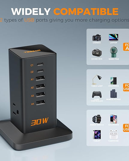 Charging Station 30W, TESSAN 9-in-1 Charger Blocks for iPhone 17/16/15/14, Tablets, Earphone with Surge Protector, 5ft Flat Extension Cord with 4 USB A, and 2 USB C for Home, Office, Dorm, Black
