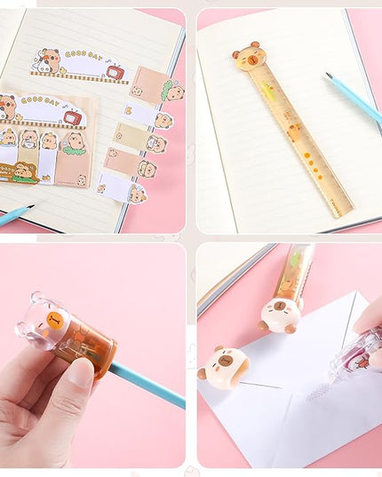 Kogcmeetl 7Pcs Cute Capybara Stationary Set Kawaii School Supplies Japanese Stationery, Includes Pencil Sharpener, Eraser, Correction Tape, Glue Tape, Sticky Notes, Ruler, for Office School Supplies