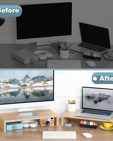 TEAMIX 2 Pack Monitor Stand Riser-20 inch, Wooden Desktop Riser for TV/PC/Laptop/Printer, Cozy Monitor Riser with Storage, Computer Stand Space-Saving
