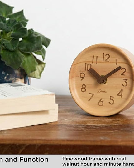 Driini Wooden Analog Desktop Clock – 4.3 in. Decorative Pinewood, No-Tick Design – Easy to Read Silent Sweep Mantle Clock – Quiet Tabletop Clocks with Wood Body, Hands, & Battery Cover; Light
