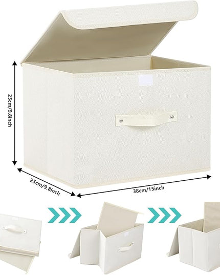 Fabric Storage Bins Cube Organizers with Flip-Top Lid and Handles,Storage Boxes for Organizing Home,Office,and Closet,Beige,3 Pack 15 x 9.8 x 9.8 in