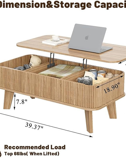 LCVTND Fluted Lift Top Coffee Table with Storage, Modern Wood Coffee Table Retro Center Table with Hidden Lifting Table Top Compartment for Living Room, Home, Office, Natural