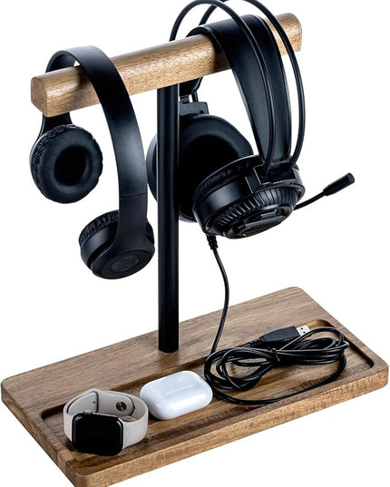 FARM IN Solid Acacia Wood Headphone Stand for Desk Rustic Headset Holder with Storage Base for Gaming and Office Accessories