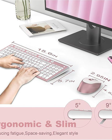 FENIFOX Wireless Keyboard and Mouse, Rechargeable USB C Combo Silent Quiet Compact Full Size Flat with Number Pad Soft Cover for Mac MacBook iMac Windows PC Laptop Computer Office - Pink & Rose Gold