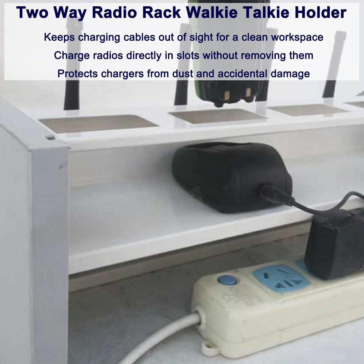 Walkie Talkie Holder Two Way Radio Bracket, Heavy Duty Steel Wood Two Way Radio Rack, Desktop Walkie Talkie Charging Station with Hidden Cable Management, Radio Organizer Stand