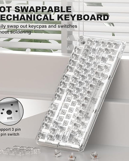 Transparent Mechanical Keyboard, RGB Backlit Wireless Creamy Gaming Keyboards, Hot Swap Customizable Clear Acrylic Design, 80-Key Quiet Linear Switches, 3 Modes BT5.0/2.4G/USB-C 4000mAh Battery, White