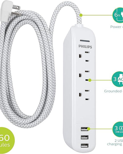 Philips Surge Protector Power Strip, 3 Outlet Surge Protector, 6Ft Cord Power Strip, Surge Protector with USB Ports, 3-Prong Flat Plug Power Strip, 360J Surge Protector Outlet, White, SPP3306WB/37
