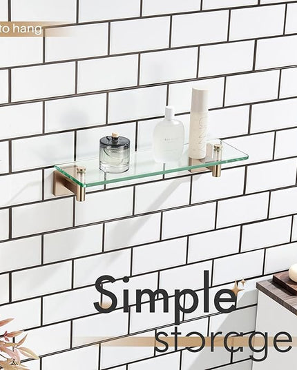 KOKOSIRI Wall Shelves Bathroom Hardware Glass Floating Shelf Small Hanging Rack Storage/Room Decor 16-Inch Champagne Bronze 2 Pack B1105CPG-L16-P2
