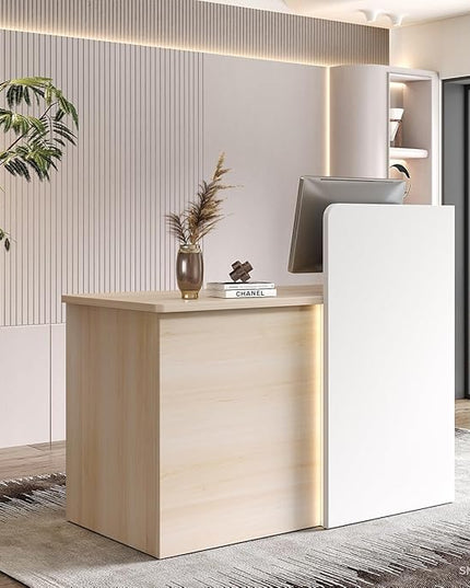 Small Reception Desk, 47" Front Desks Reception Counter, Front Desk Counter with LED Lights, Lockable Drawer, Two-Tone Design, Privacy Panel, for Office, Salon, Store