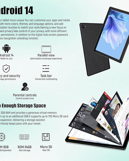 MUISOO Tablet 10 Inch, Android 14 Tablet PC, 8GB RAM+64GB ROM (1TB TF), Octa-Core 2.0 GHz, Bluetooth 5.0, WiFi 6, Widevine L1, 5MP+8MP, 5000mAh,Type-C (Black, 10)