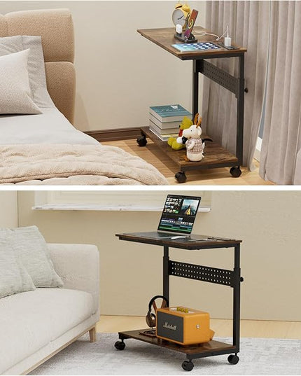 Computer Tower Stand with Charging Station, Height Adjustable 2-Tier CPU Stand with Power Strip and USB Ports, PC Tower Cart with Wheels and Printer Shelf, Rustic Brown and Black