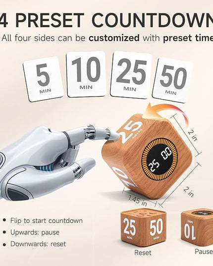 Exlliy Rotating Productivity Timer 5, 25, 10, 50 Minutes Preset, Desk Cube w/Gravity Sensor for ADHD, Mute Functions, Ideal for Work, Study, Kitchen, Back to School (1, Wood Grain Finish)