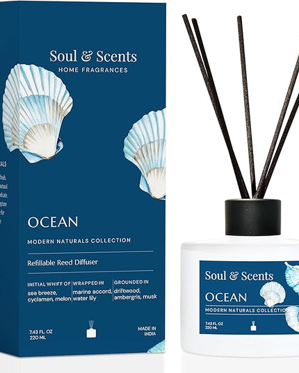 Soul & Scents Reed Diffuser Set – Ocean | 7.43 oz Refillable Scented Oil with 6 Fiber Sticks | Long-Lasting Home Fragrance & Air Freshener for Bedroom, Bathroom, Office | Gift & Décor Piece