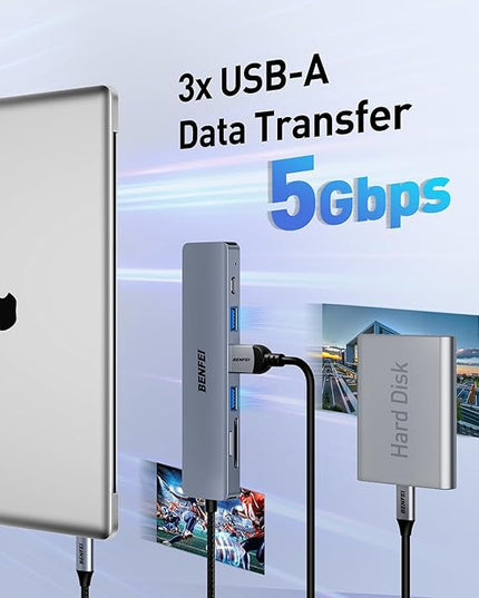 BENFEI USB C HUB 7-in-1 with HDMI(4K@60Hz,Certified), 100W Power Delivery, 3*USB 3.0, SD/TF Card Reader(160MB/s) Compatible with iPhone 15 Pro/Max, MacBook, iPad Pro, iMac, S23, XPS17