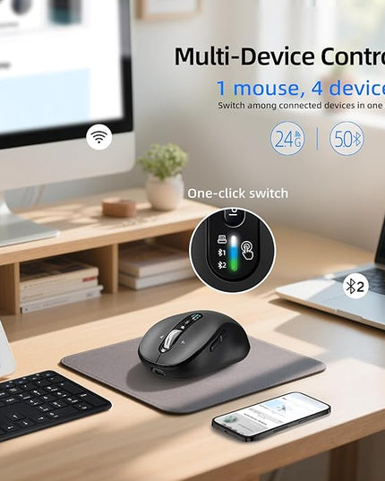 Wireless Bluetooth Mouse,Multi Device Ergo Computer Mouses,Metal 4-Way Super Scrolling,± 3200 DPI,10 Buttons,Plug&Play,Quiet,Rechargeable,USB Cordless Mice for Laptop,Tablet,Mac,iPad,PC,Phone (Grey)