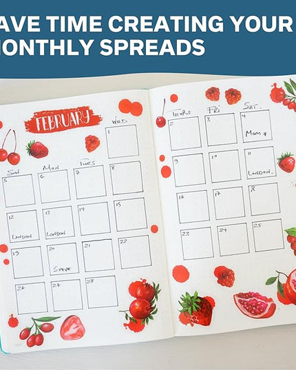 Monthly Calendar Planner Stickers - 12 Transparent Sticker Sheets with Beautiful Fruit Illustrations, Undated Calendar Stickers, Supplies for Planners or Bullet Journals