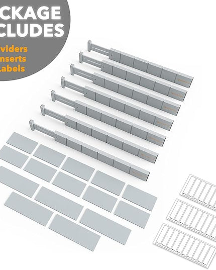 SpaceAid Bamboo Drawer Dividers with Inserts and Labels, Kitchen Adjustable Drawer Organizers, Expandable Organization for Home, Office, Dressers, 7 Dividers with 15 Inserts (17"-22" Gray)
