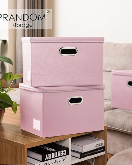 PRANDOM Foldable Storage Bins with Lids [5-Pack] Leather Fabric Collapsible Storage Boxes Organizer Containers Baskets Cube with Cover for Bedroom Closet Office Nursery Pink (14.9x10.8x10)