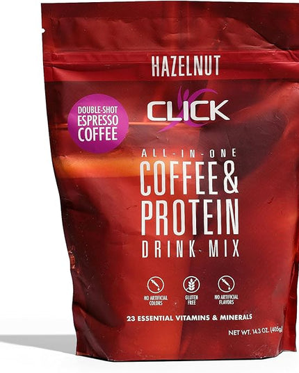 Click Coffee Protein Powder | Double Shot Espresso | 16g Protein | 23 Essential Vitamins | Low Calorie Meal Replacement | 150mg Caffeine | Gluten Free | No Artificial Flavors or Colors | Hazelnut