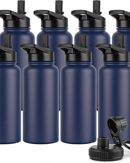 DOMICARE 32 oz Insulated Water Bottle Bulk, Vacuum Insulated Stainless Steel Sports Water Bottle with Straw Lid & Spout Lid, Leakproof, Reusable - Travel, Camping, Bike, Navy Blue (8 Pack)