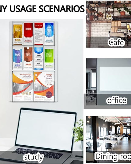 Weysat Acrylic Brochure Holder Wall Mount, Clear Plastic Pamphlet Holder Magazine Display Trifold Flyer Rack Hanging Literature Storage Organizer(2 Magazine Pockets, 8 Pamphlet Pockets)