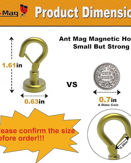 Ant Mag Magnetic Hooks Heavy Duty with Snap 22lbs Strong Gold Magnet Hooks Great Hanging for Refrigerator, Cruise Cabin, Grill, Wreath,Kitchen,Office 8 Pack