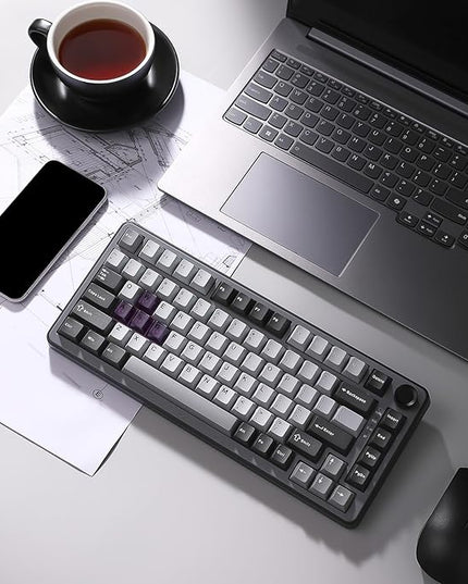 YUNZII B75 PRO Wireless Mechanical Keyboard,75% Layout with Knob,Hot Swap Gasket Custom Structure,Creamy Pre-lubed Switches,RGB Backlit,BT/Type-C/2.4G for Win/Mac(Cocoa Cream V2 Switch,Dark Grey)