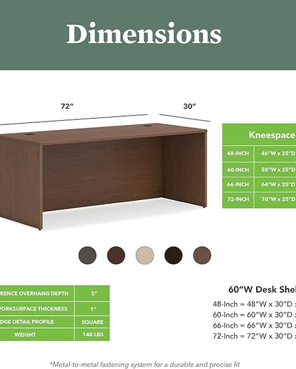 HON MOD Executive Desk 72-Inch Large Computer Desk Shell, Thick Wooden Laminate, Modern Table with Cord Management, 72" W x 30" D x 29" H, Walnut